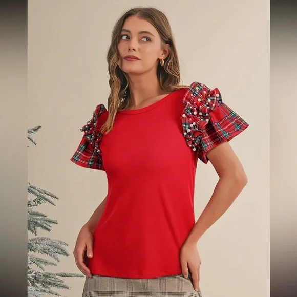 Stylish Red Plaid Ruffle Sleeve Women's Blouse - Picture 3 of 3
